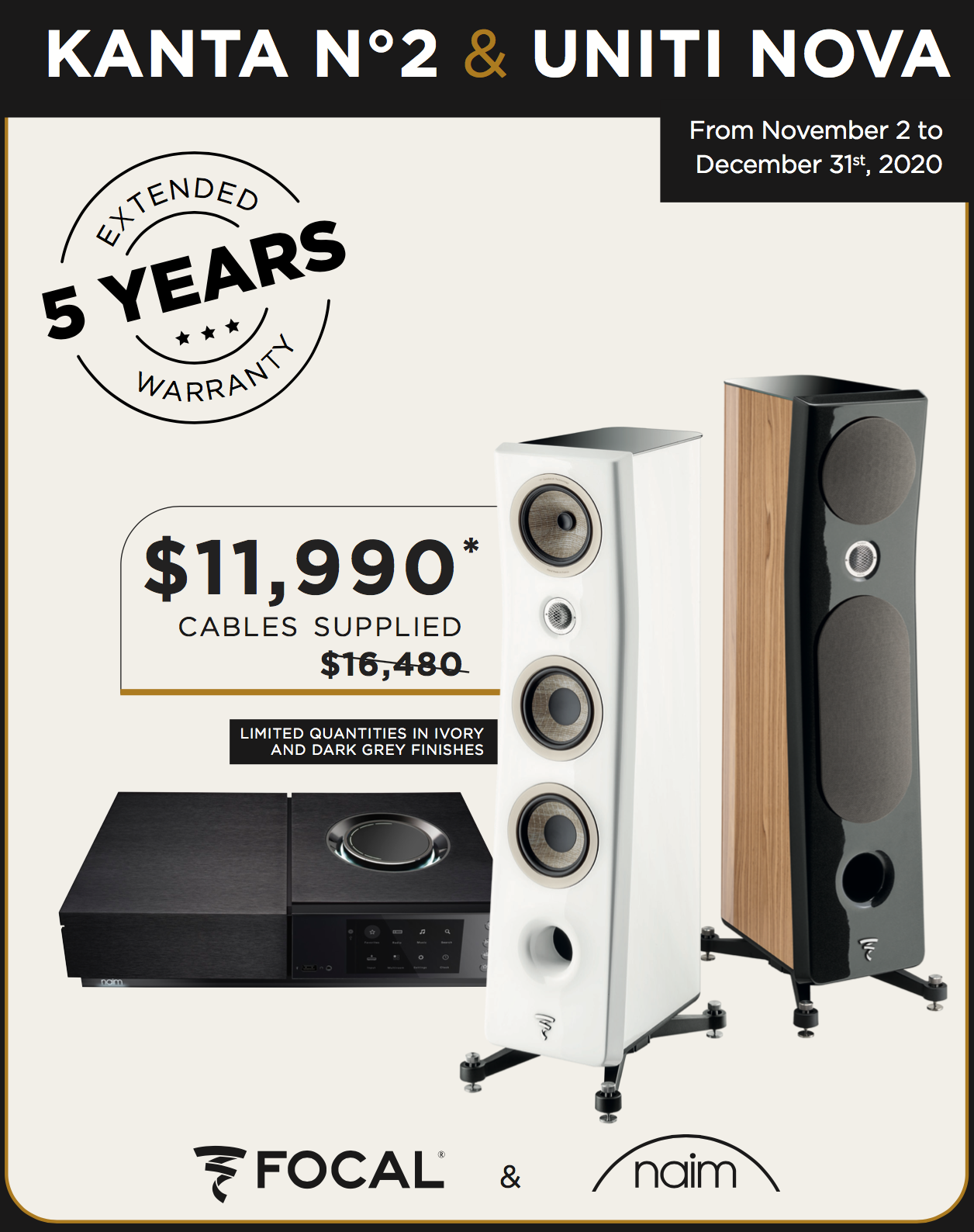 For the above Focal Naim Bundles, Naim high-end NACA 5 speaker cables at the Naim recommended 3.5 meter length are supplied by Basil Audio in black or white at no additional charge to our customers thanks to our Focal Naim brand partners.